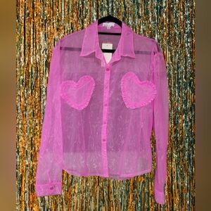 NWT Hot & Delicious sheer pink ruffle heart button-down